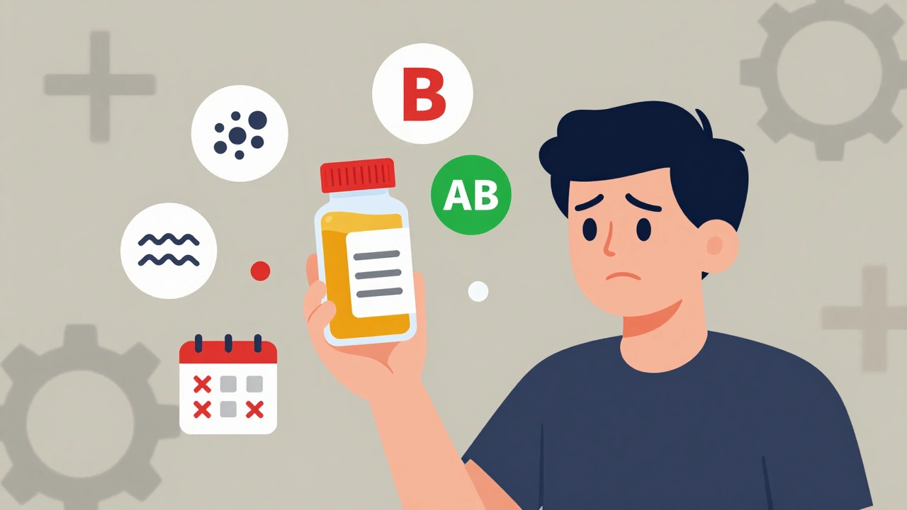 Person holding pill bottle with floating icons of inactive ingredients and B vs AB ratings floating nearby.