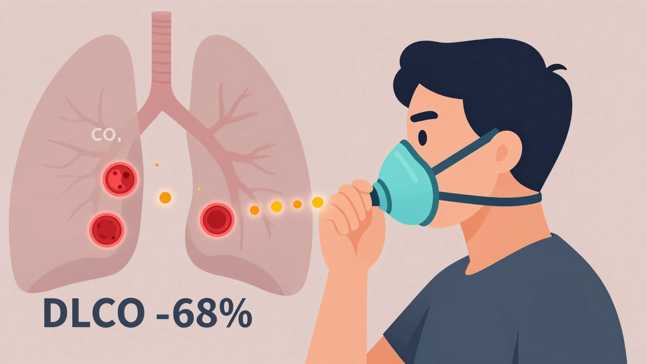 Person inhaling gas mixture as oxygen transfers from lungs to blood