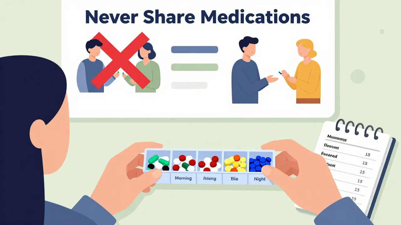 Person organizing weekly pill organizer with labeled compartments and written medication list.