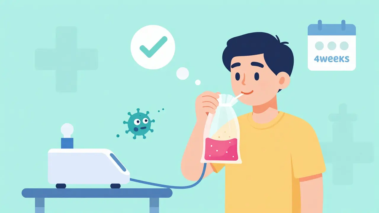 Person taking a urea breath test with H. pylori disappearing, in clean flat illustration style