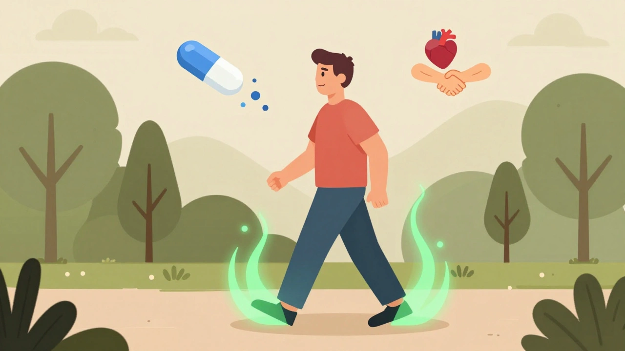 Person walking in park with energy waves, symbolizing exercise helping statin muscle symptoms.