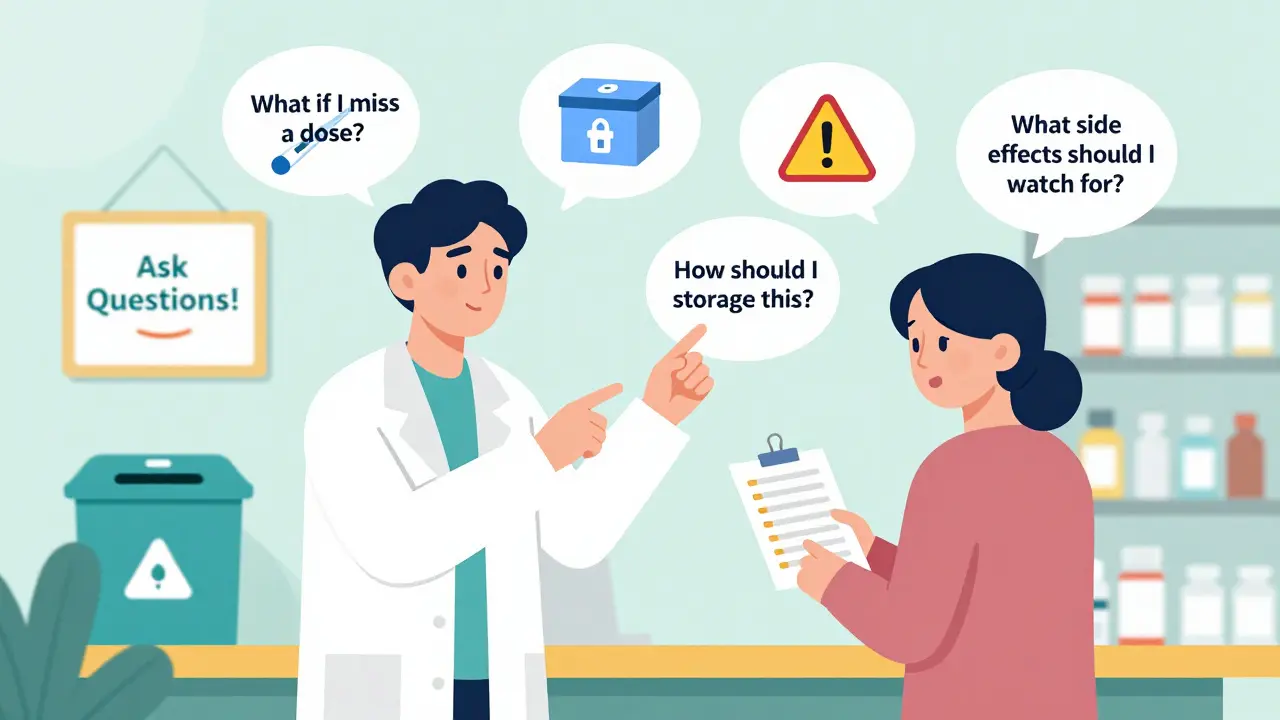 Pharmacist and patient discussing medication safety with key questions shown as icons.