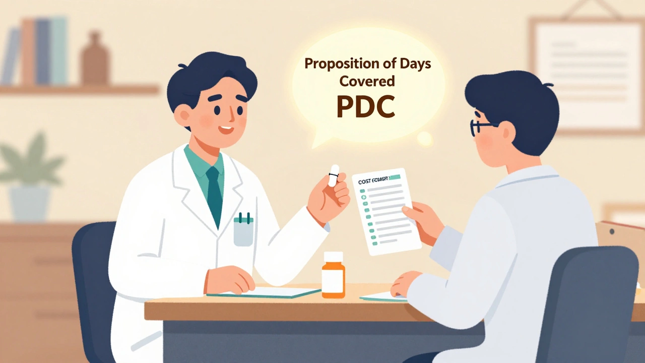 Pharmacist and psychiatrist collaborating with a patient using simplified pills and cost chart in warm clinic setting.