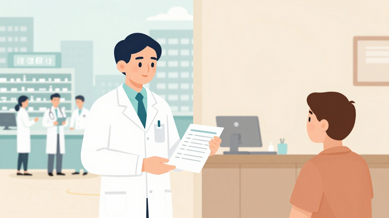 Pharmacist giving medication plan in rural clinic, contrasted with busy urban hospital in background, showing care access gap.