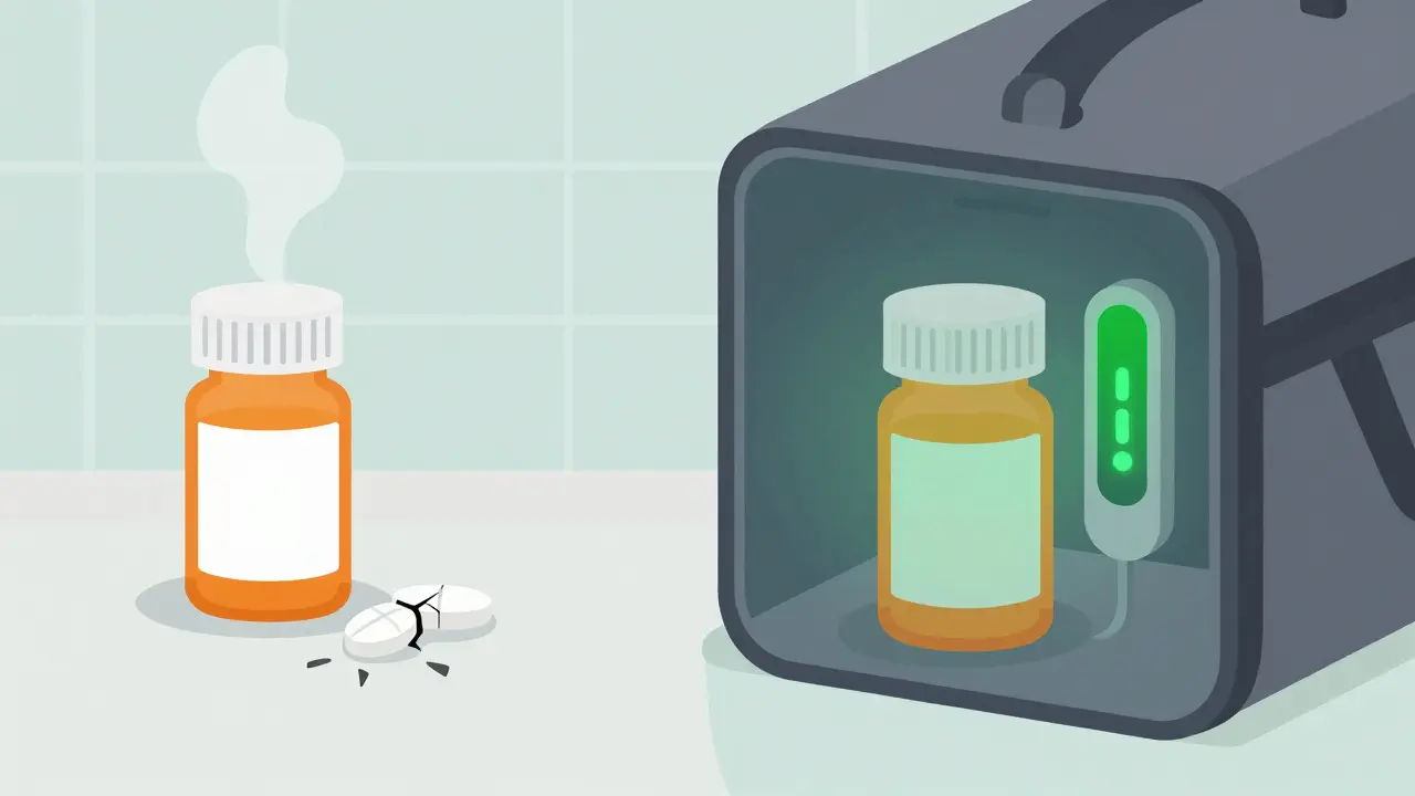 Pill bottle in humid bathroom vs. safe travel bag with temperature monitor