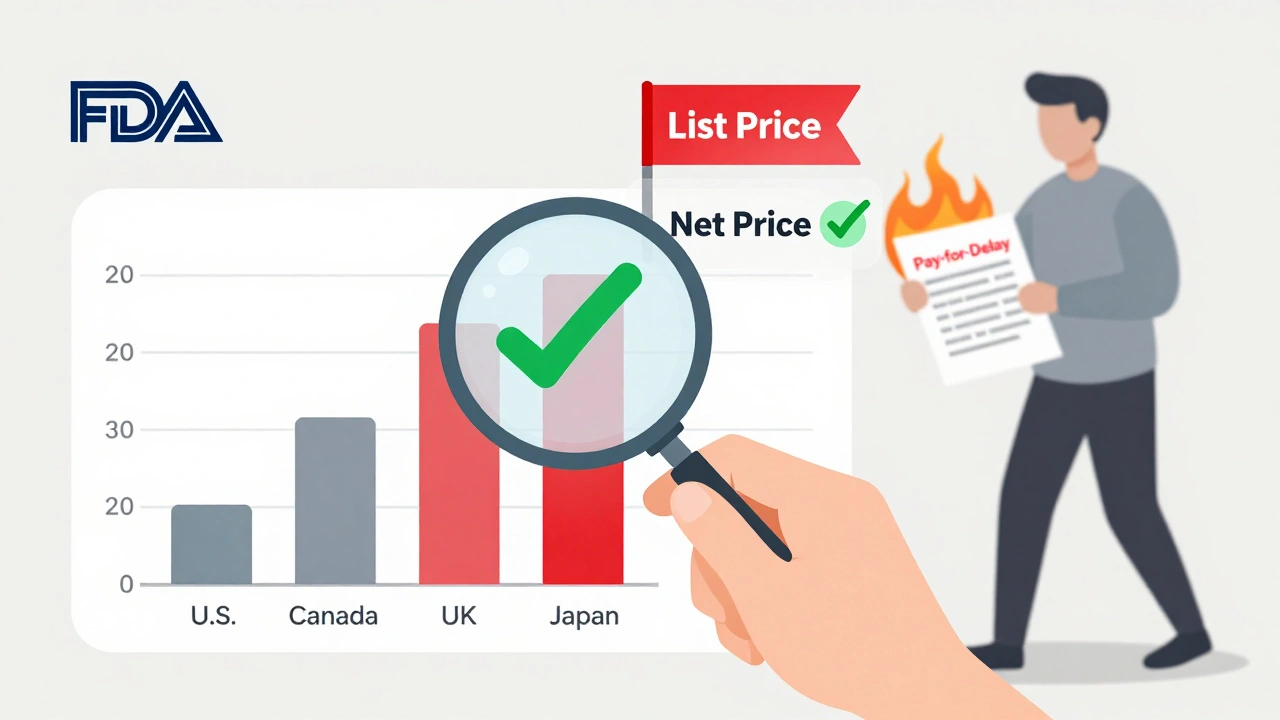 Price comparison chart showing U.S. generics as lowest, with list and net price indicators.