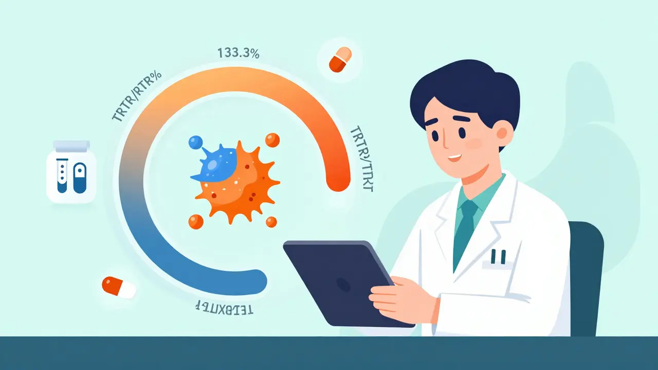 Scientist analyzing replicate crossover data with swirling drug cycles and widened bioequivalence range.