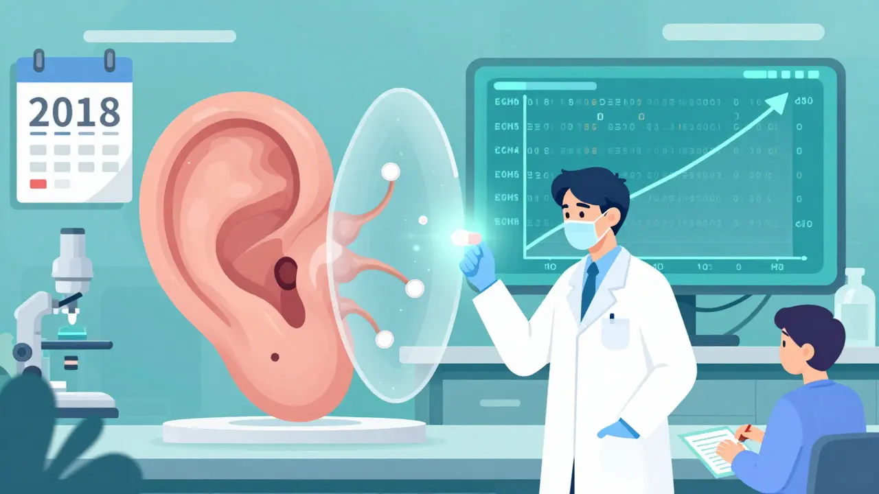Scientists testing protective pill near inner ear model with genetic data on screen.