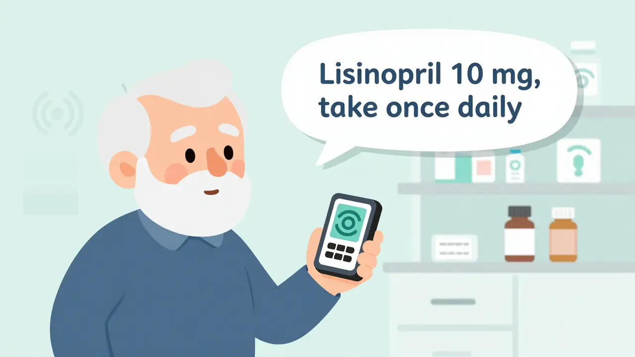 Senior using handheld device to hear prescription details aloud from a medicine bottle.