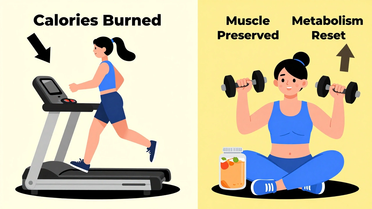 Split illustration: person doing cardio with sinking arrow vs. lifting weights and eating protein with rising arrows