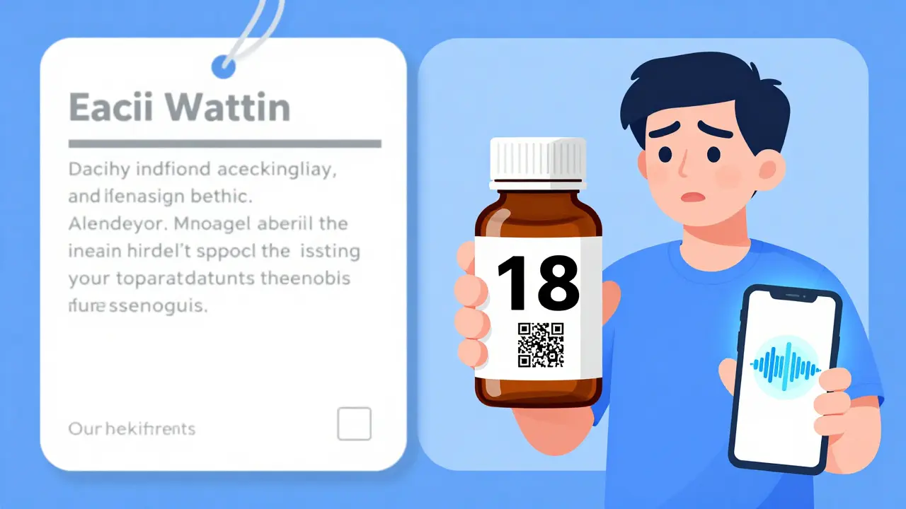 Split image: confusing small print vs. clear large print label with QR code and smartphone.