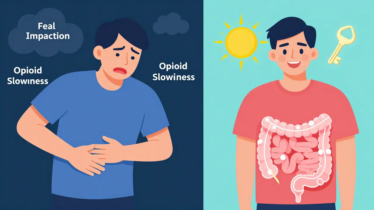 Split image: left shows pain from opioid constipation, right shows relief with smooth digestion and glowing PAMORA keys unlocking the gut.