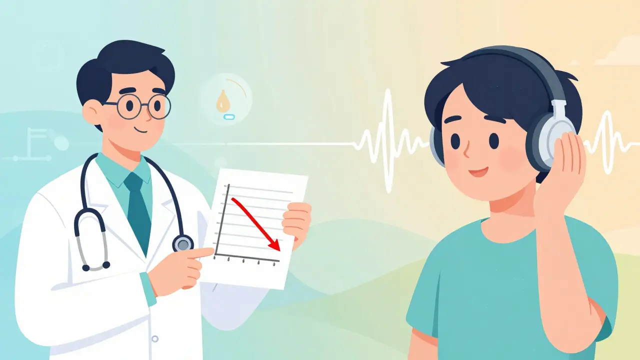 Split scene: doctor with hearing test on left, patient using white noise on right.