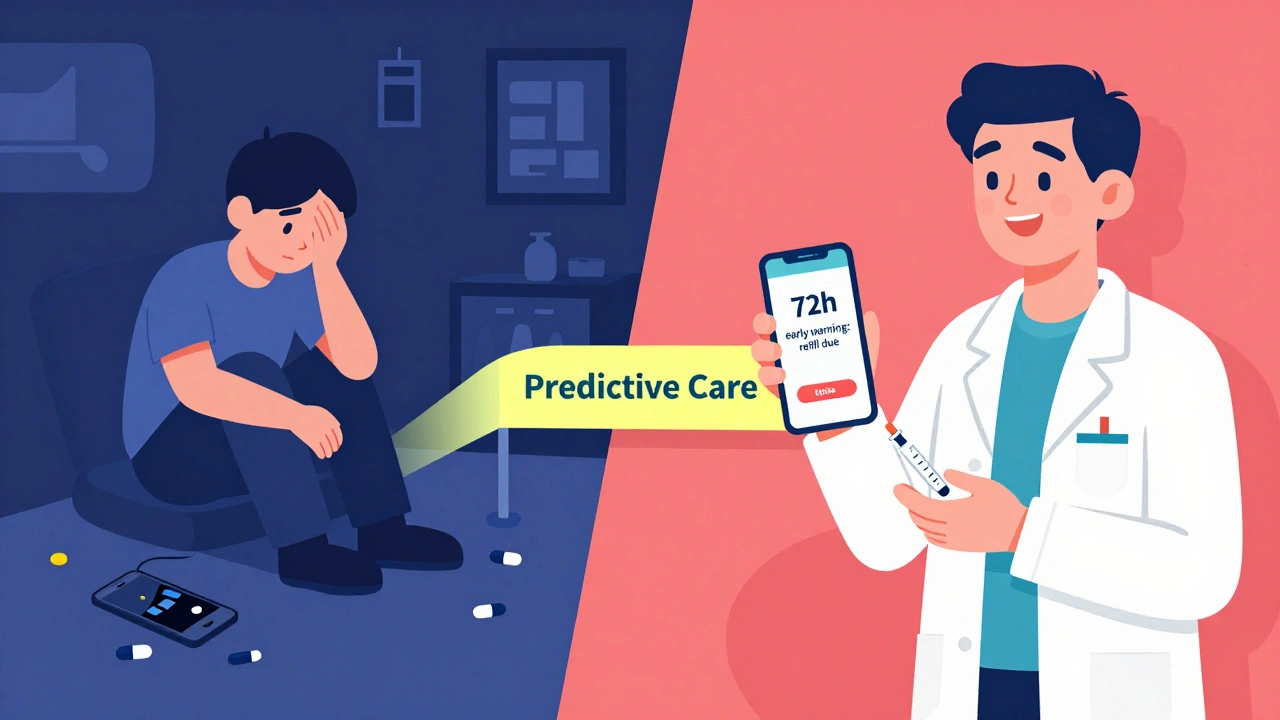 Split scene: person overwhelmed by pills vs. same person receiving injectable shot with predictive care notification.