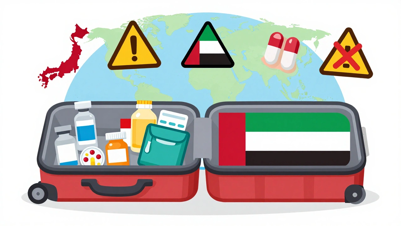 Split suitcase showing medications divided between carry-on and checked luggage, with country restriction icons.