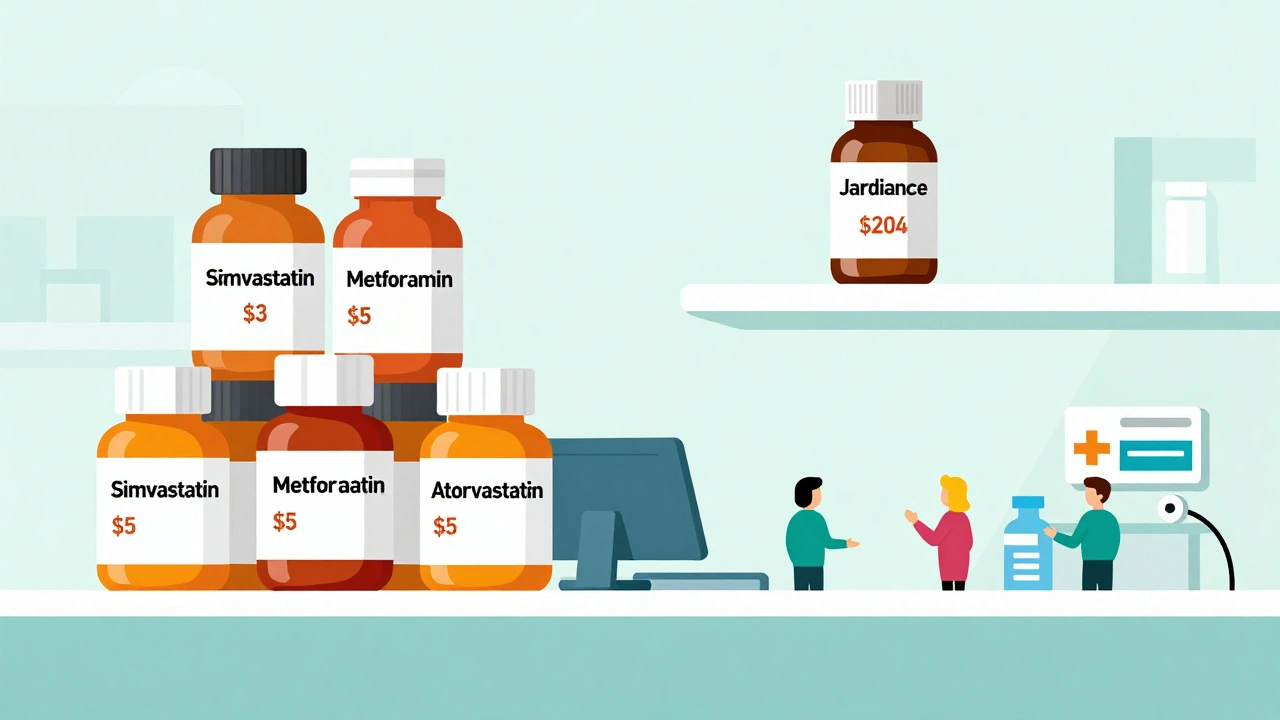Stack of low-cost generic medications beside a single high-priced brand-name drug on a pharmacy counter.