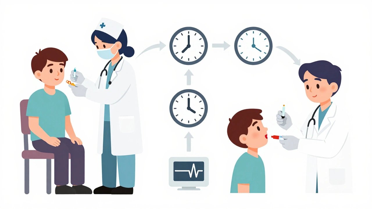 Step-by-step penicillin allergy test in clinic with icons for skin prick and oral challenge
