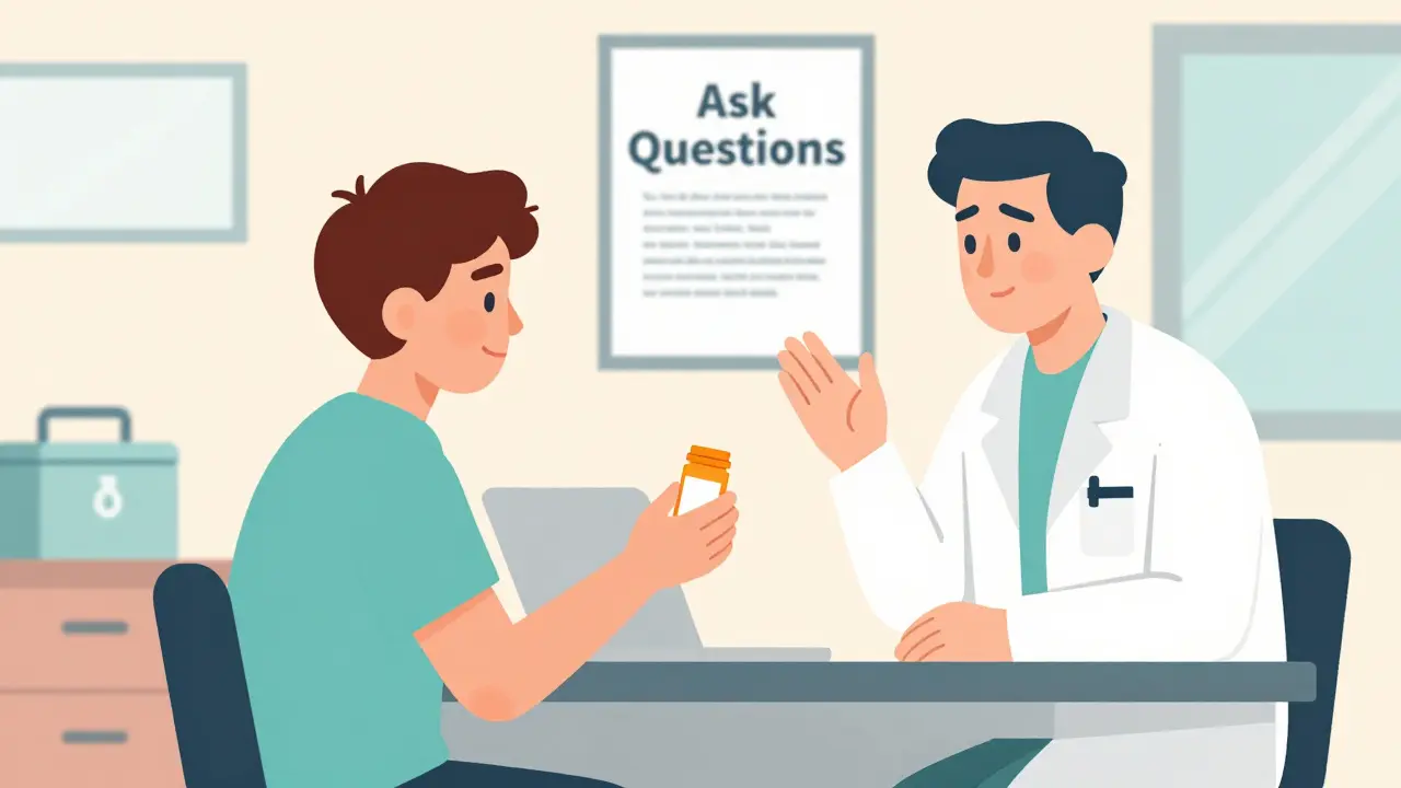 Teen explaining medication use to doctor during clinic visit