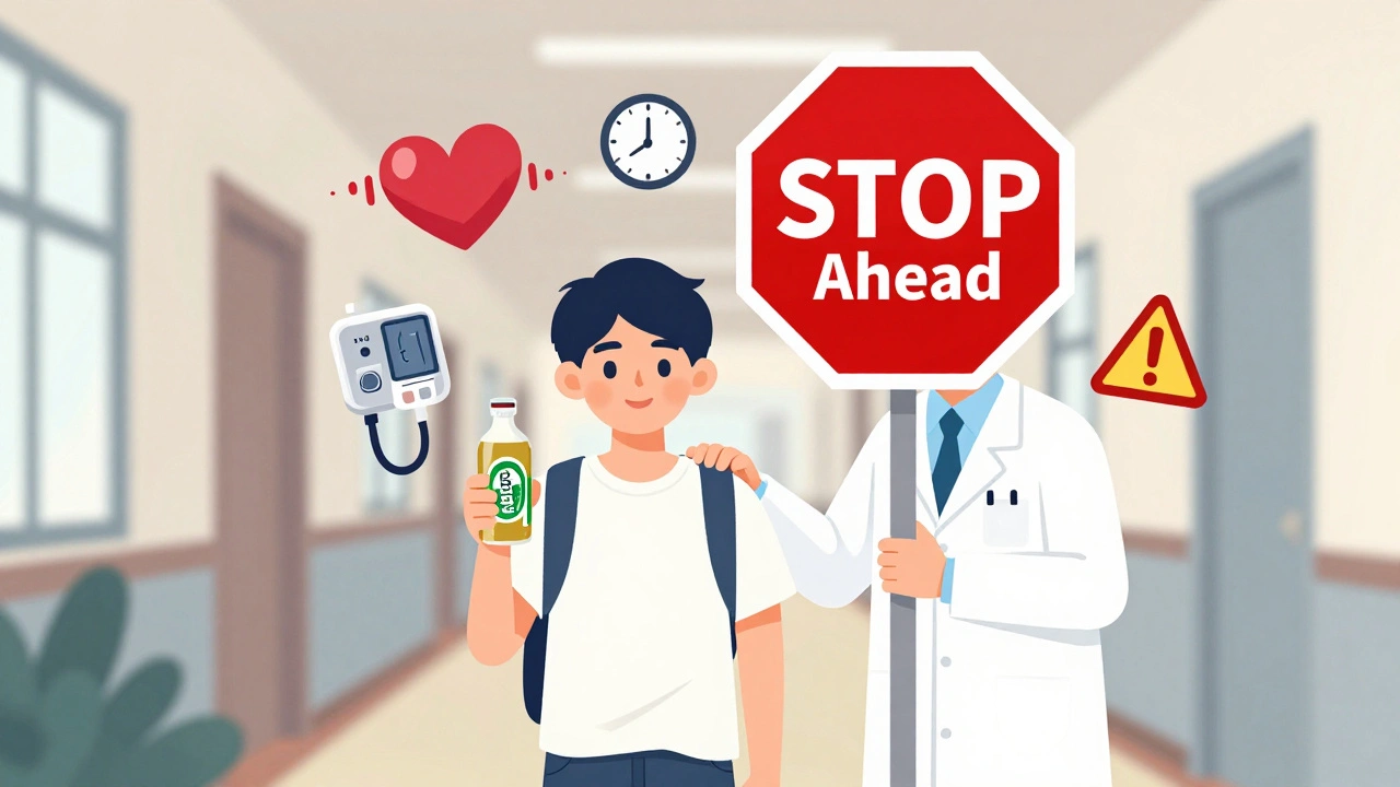 Teen holding energy drink with doctor warning of heart risk, floating danger icons