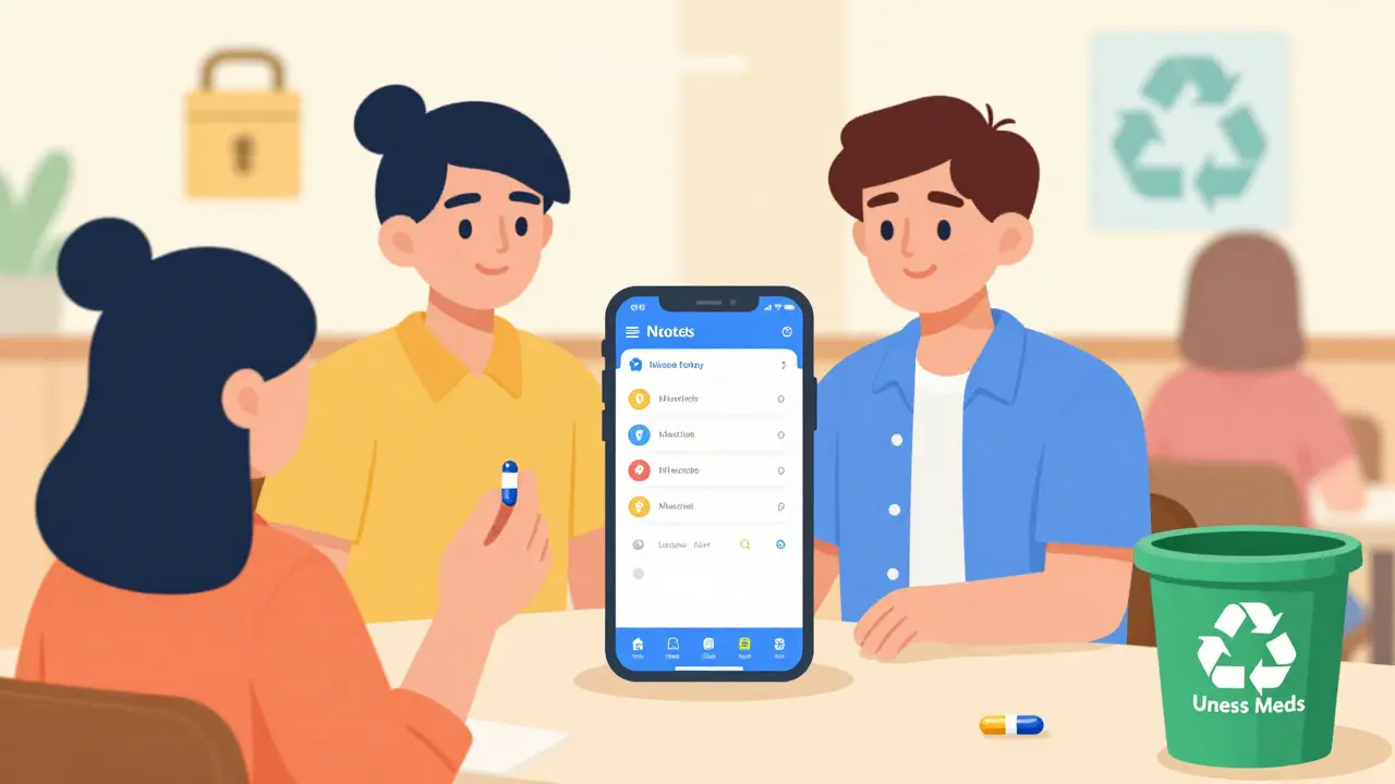 Teen saying no to friend asking for prescription pills in cafeteria