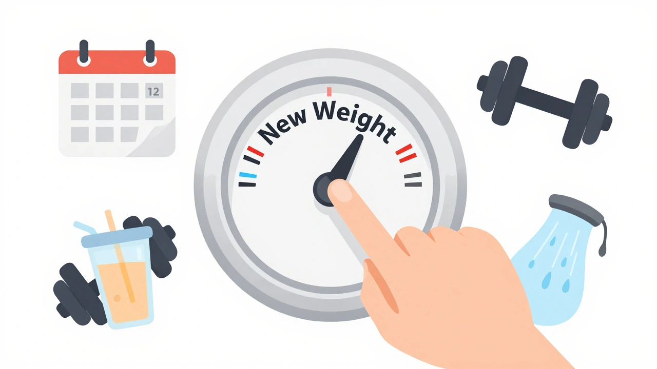 Thermostat dial turning from old to new weight, surrounded by icons of diet break, protein, weights, and cold shower