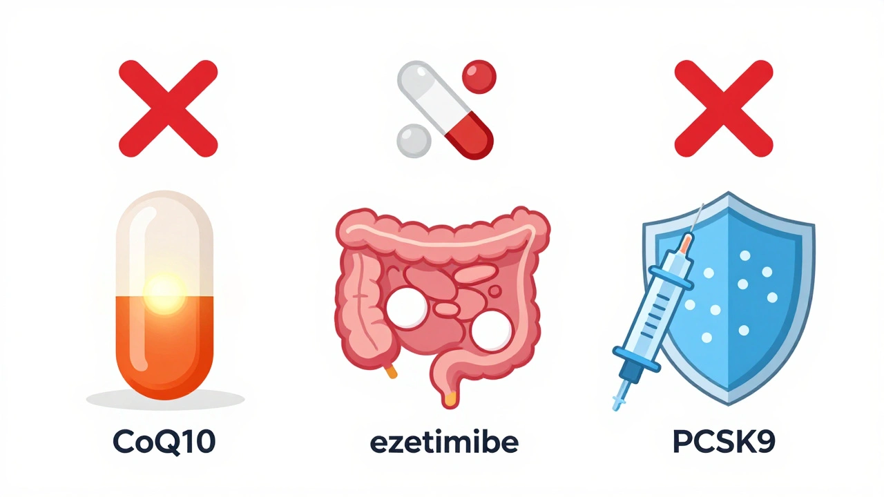 Three alternative treatments: CoQ10, ezetimibe, and PCSK9 inhibitor, with statins crossed out.