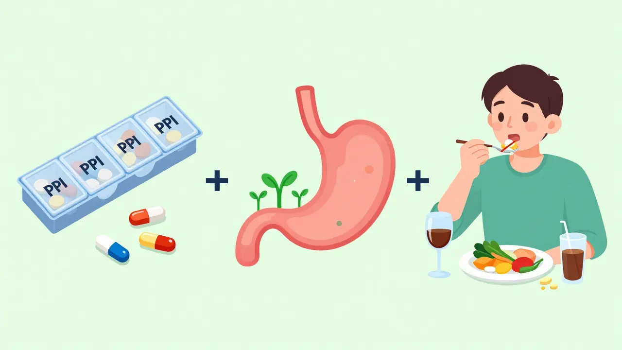Three-panel illustration showing gastritis treatment with pills, healing stomach, and healthy habits