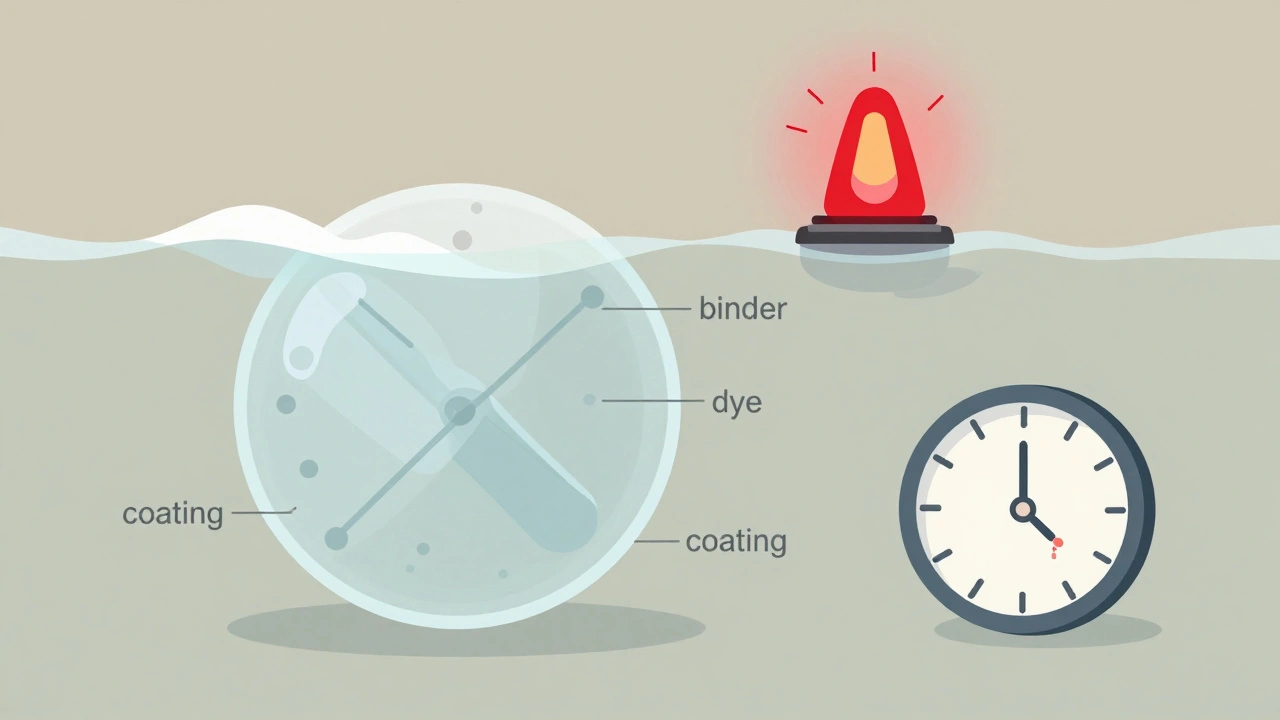 Transparent pill dissolving to reveal hidden ingredients with time comparison clock