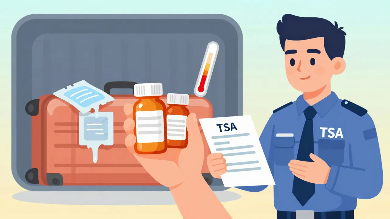 Traveler presenting meds at airport security with labeled bottles