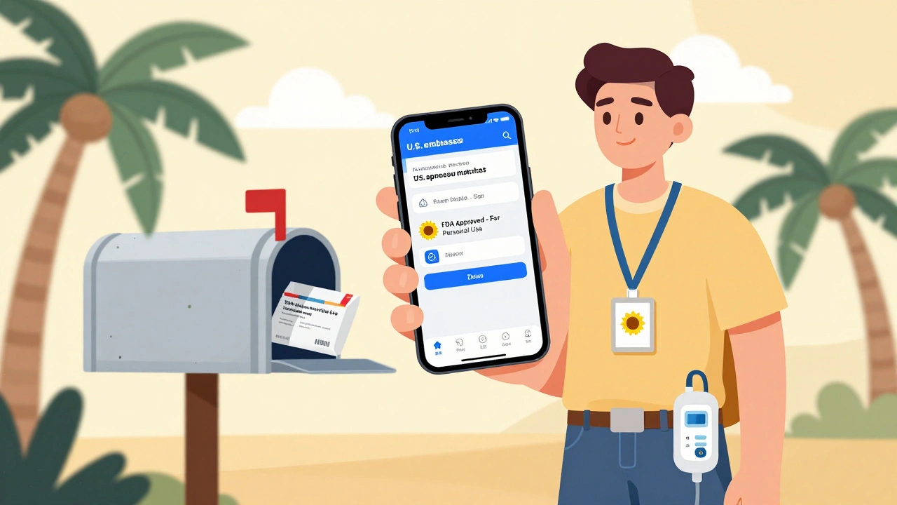 Traveler with insulin pump and emergency embassy contact on phone, package arriving at foreign mailbox.