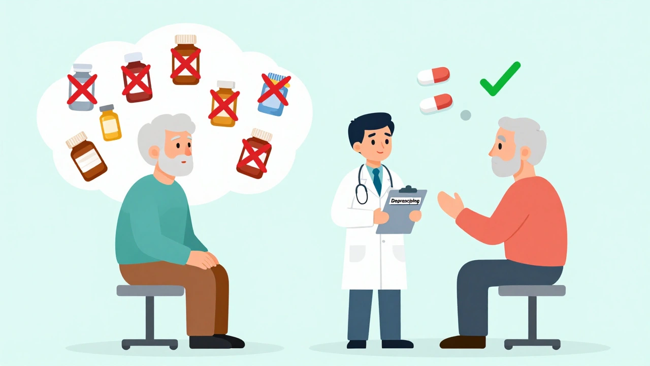 Two elderly patients compared: one overwhelmed by many pills, the other with few safe medications, pharmacist guiding the change.