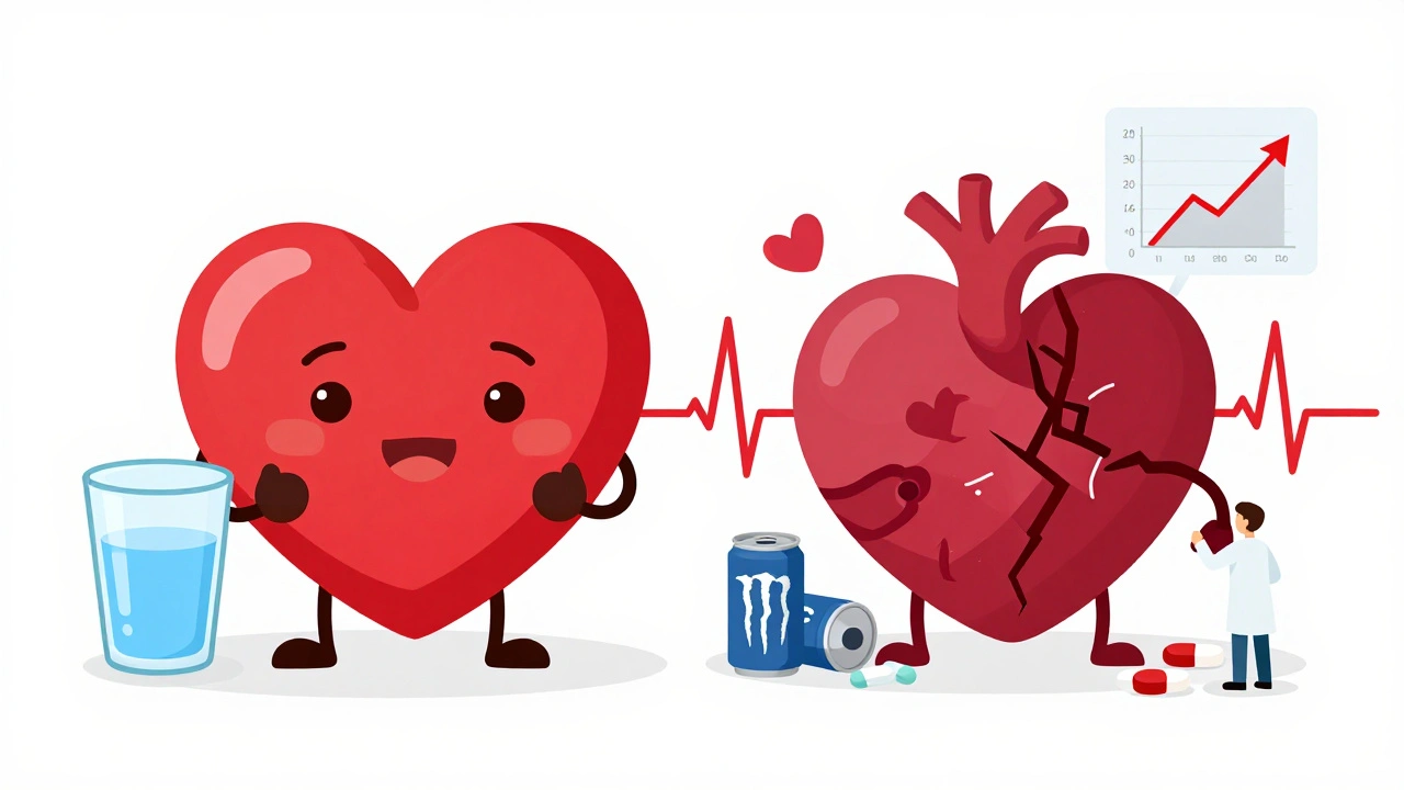 Two hearts side by side: one healthy, one damaged by energy drinks and stimulant meds