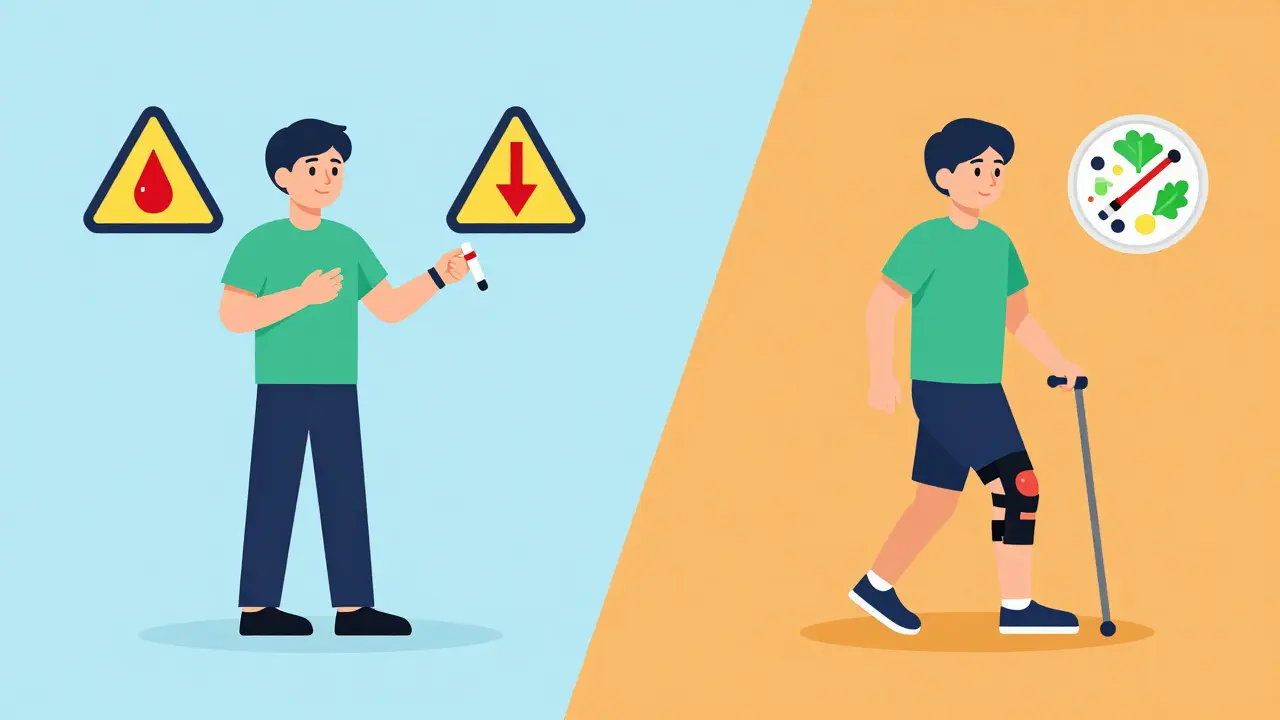 Two paths for joint pain treatment: steroid injections with warning signs vs. physical therapy and weight loss in flat illustration style.