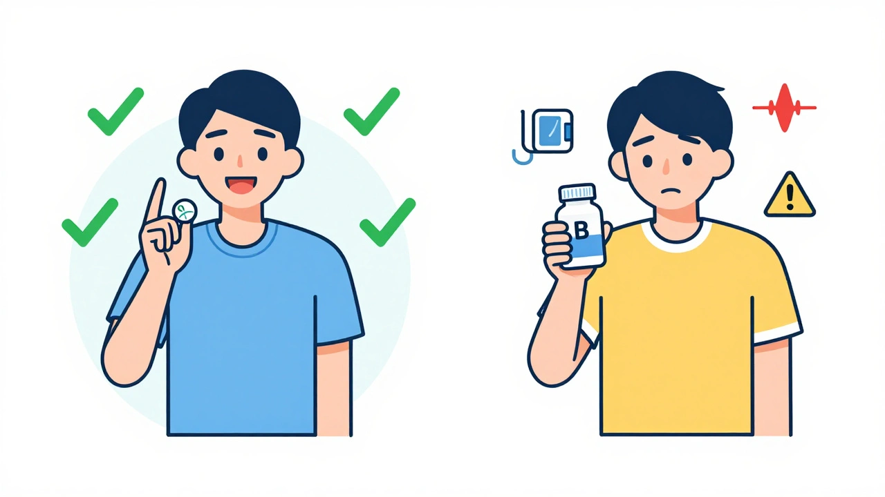 Two patients side by side: one stable with AB-rated pill, one unwell with B-rated pill and fluctuating health graphs.
