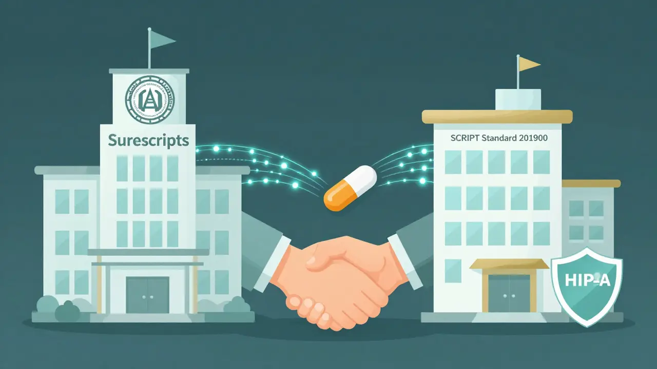 Two pharmacy buildings exchanging a single controlled substance pill via secure digital handshake.