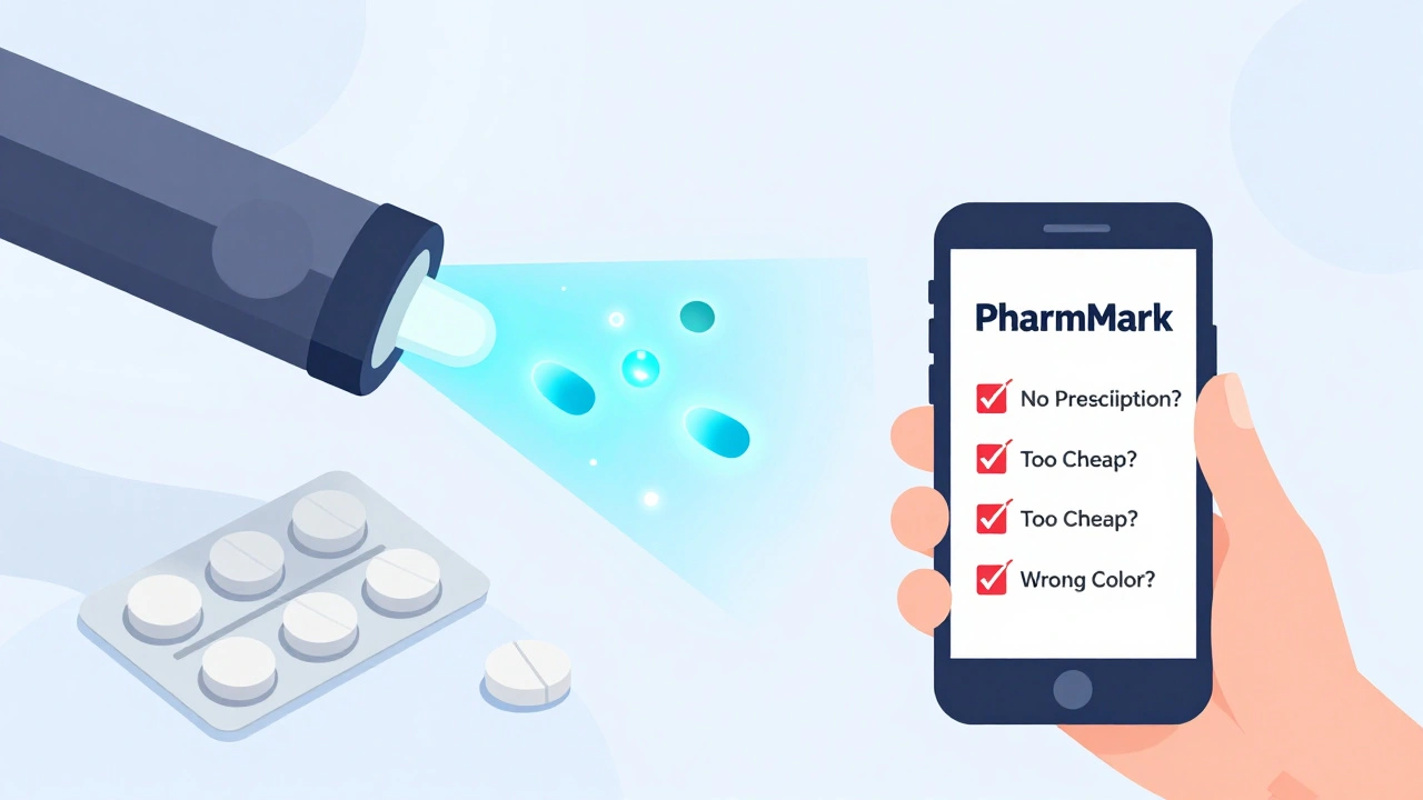 UV light revealing invisible glowing nanoparticles on real pill, while fake pill shows no reaction.