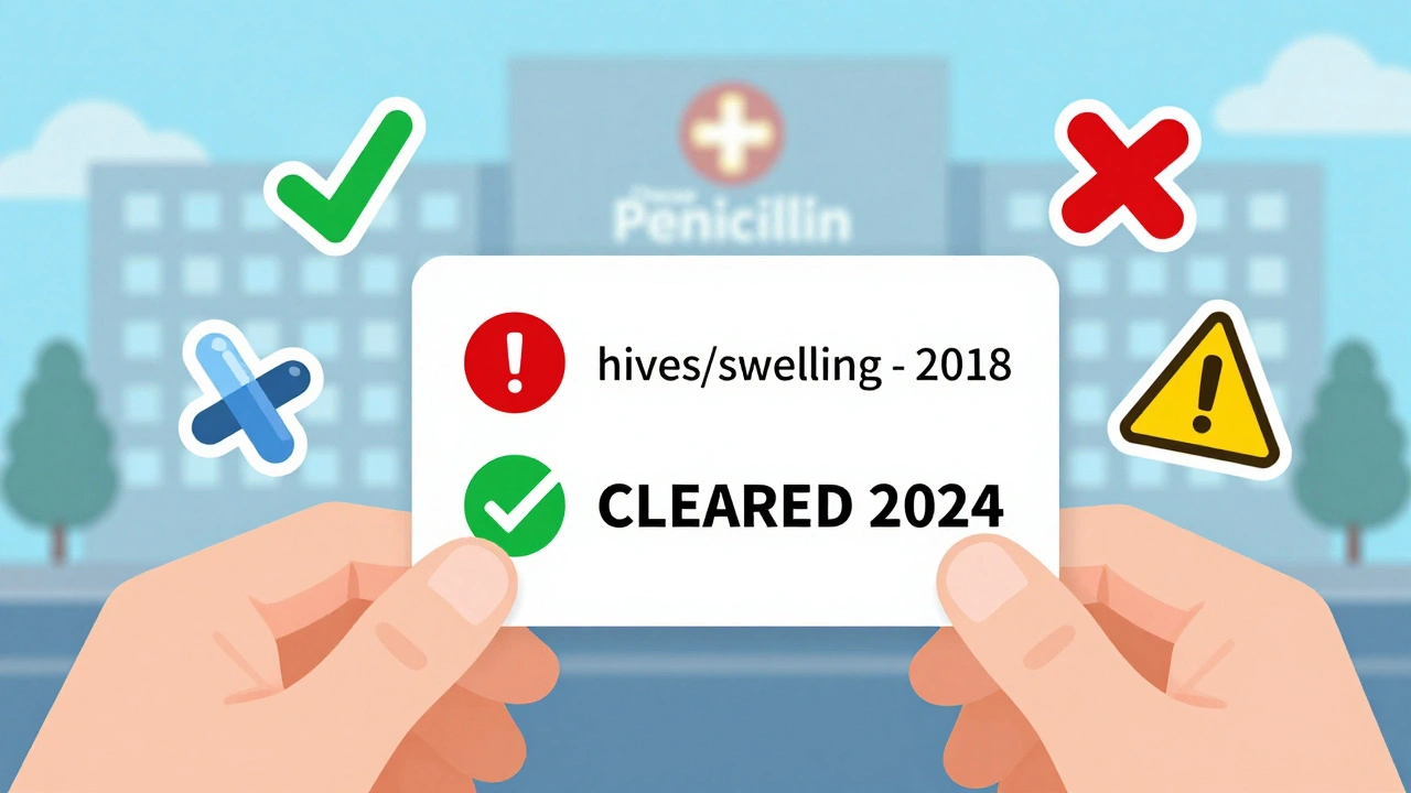 Wallet card showing allergy label changed to cleared status with antibiotic icons