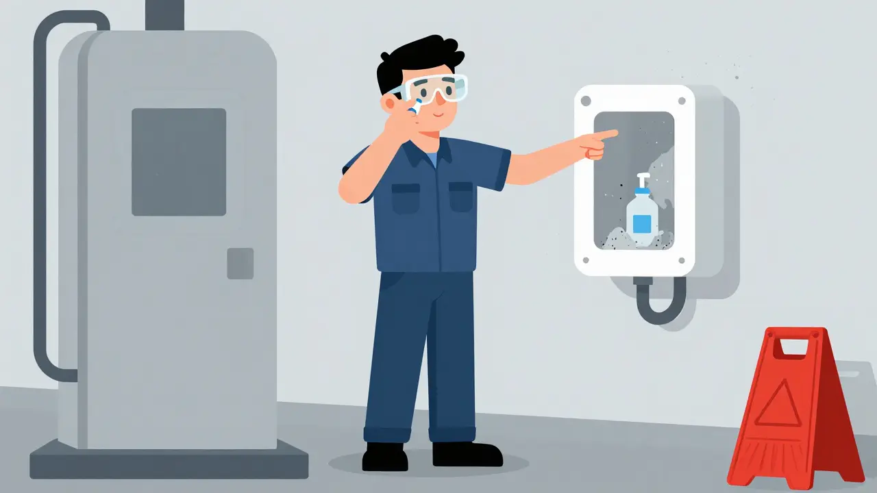 Worker rinsing eye with bottle while unused eyewash station sits dusty in background.