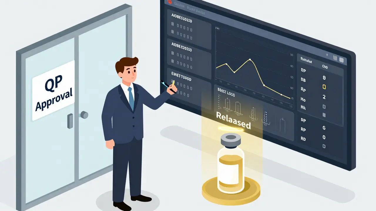 A Qualified Person signs off on a digital batch release dashboard with real-time test data visible behind them.