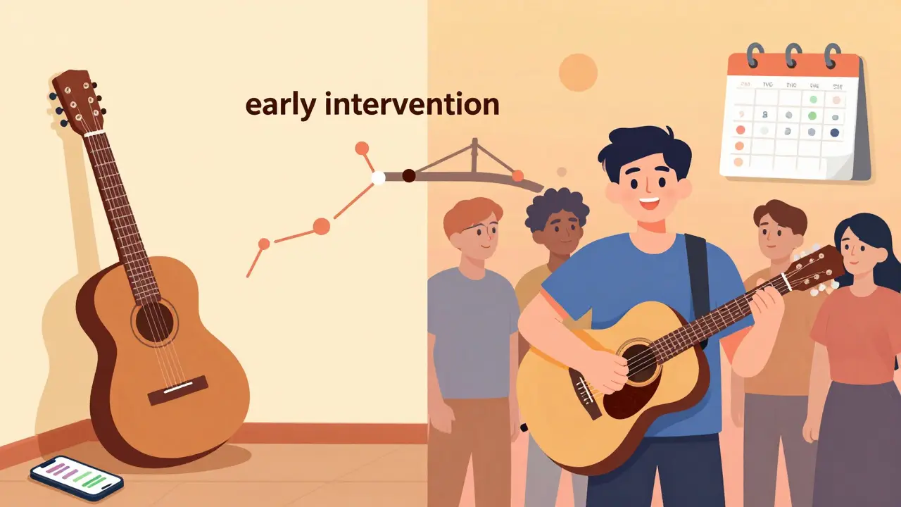 A split scene showing a neglected guitar transforming into one being played again, symbolizing recovery through early care.