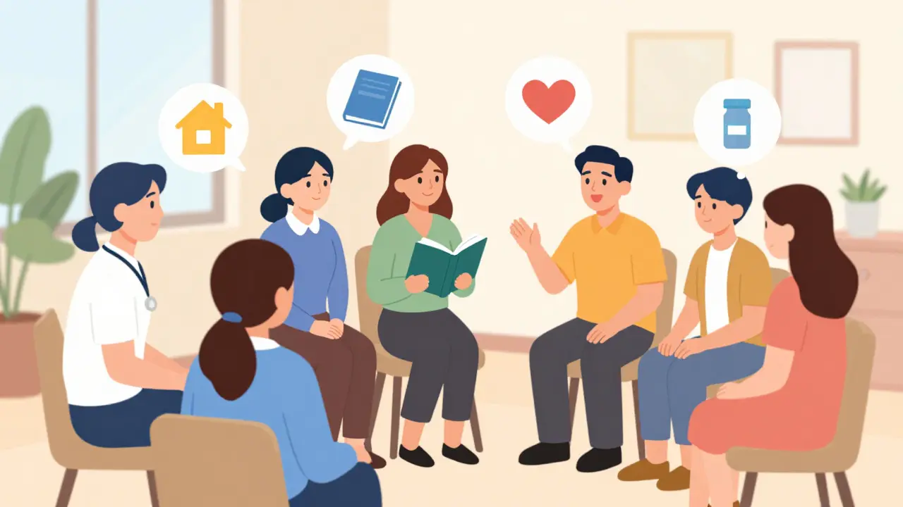 A supportive care team in a bright room, engaging with someone experiencing early psychosis through symbols of help.