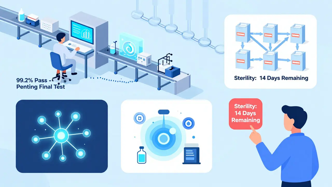 AI and blockchain systems monitor pharmaceutical production, with real-time data streams and a sterility countdown in progress.