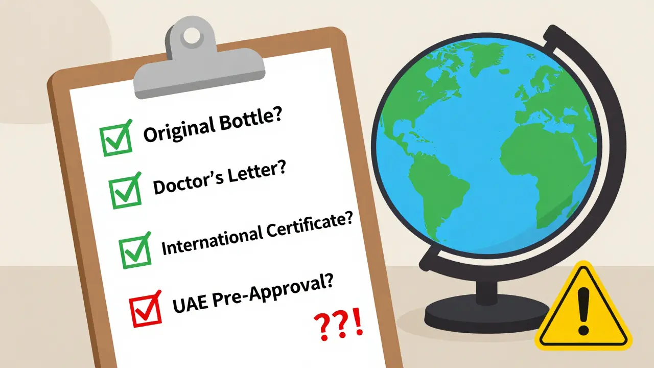 Checklist for legal medication travel with warning icons on a globe