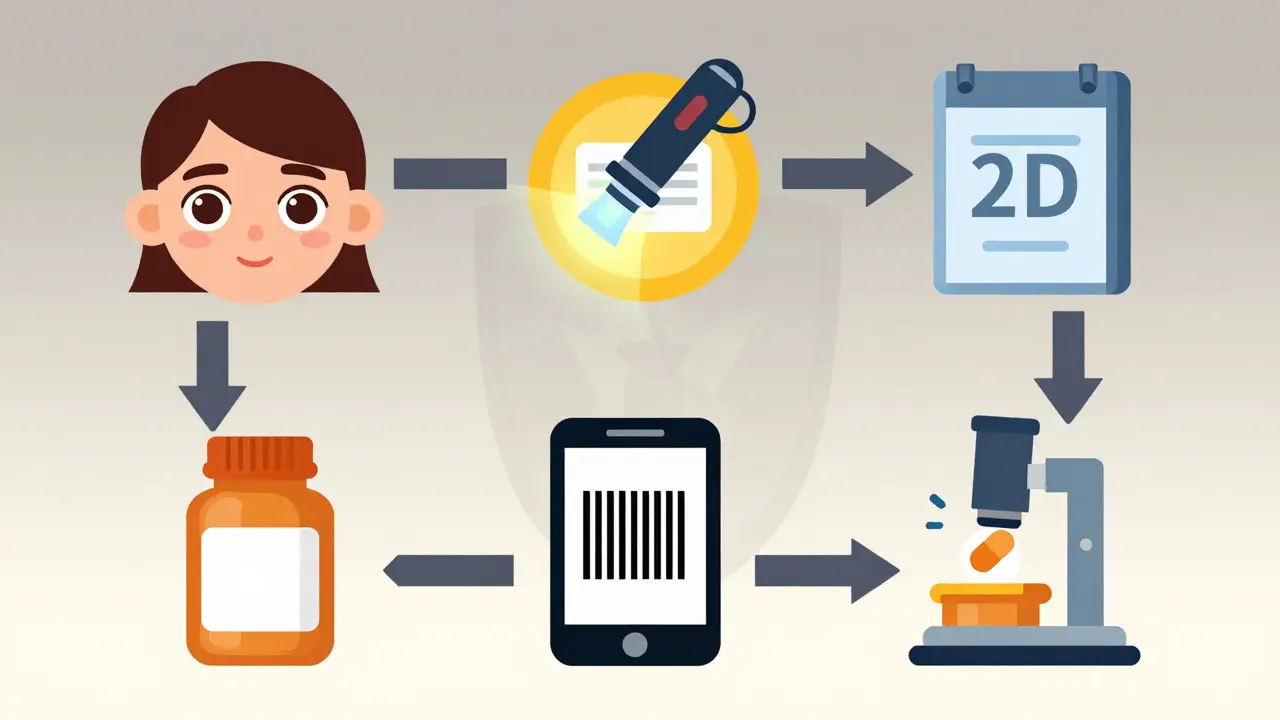 Circular diagram showing steps to verify medicine authenticity: visual check, UV light, barcode scan, spectroscopy.