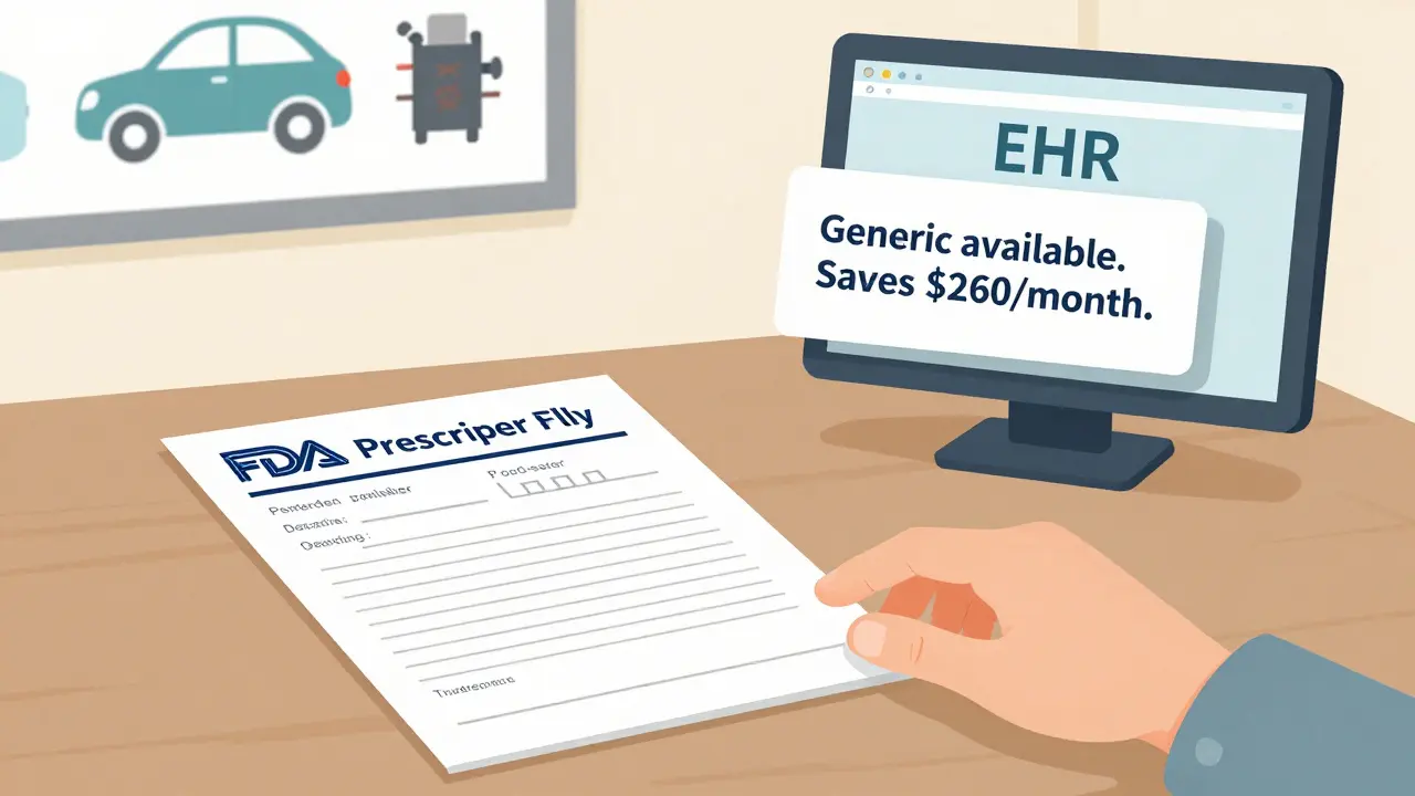 Clinic desk with FDA flyer and EHR pop-up alert about generic cost savings, next to a prescription pad.