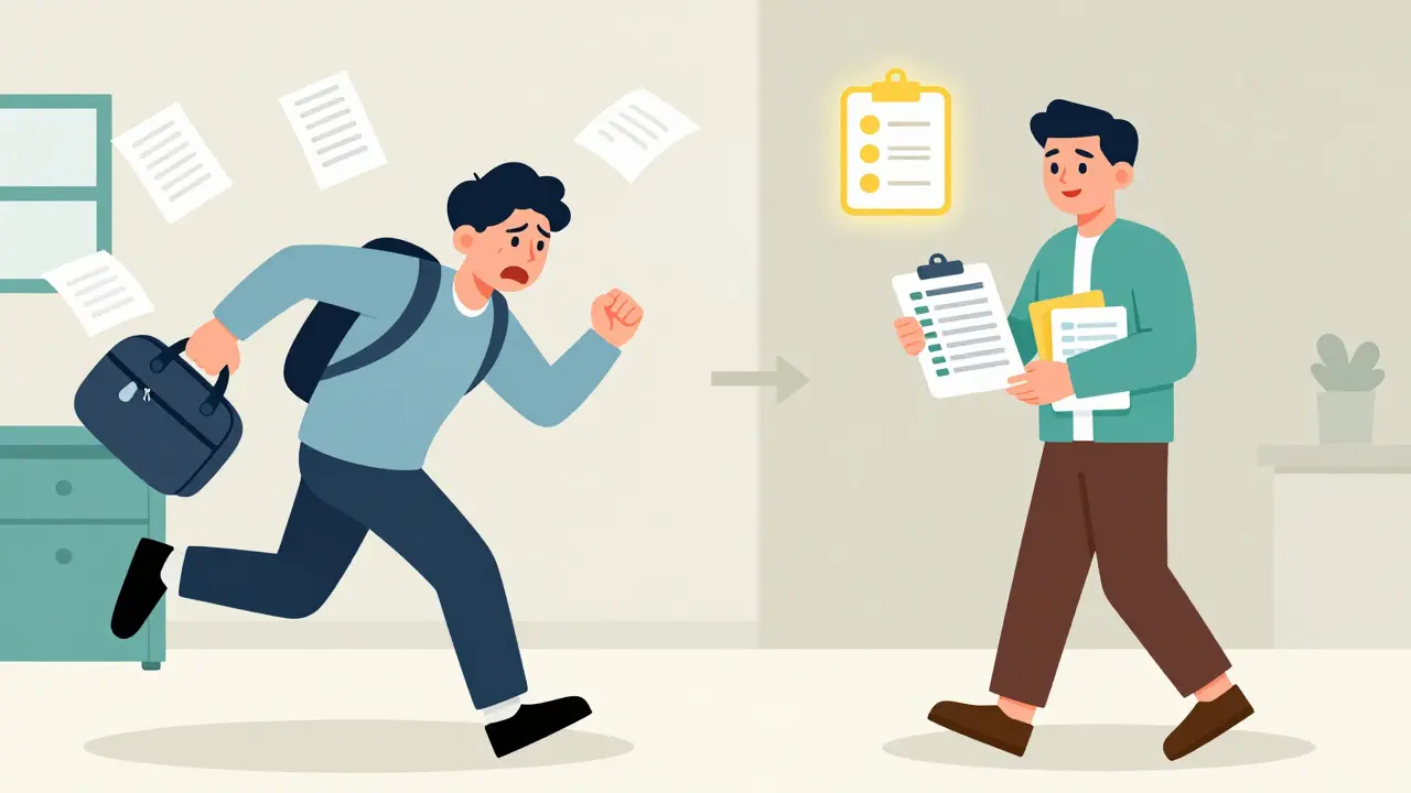 Contrasting scenes of unprepared vs prepared patient arriving for appointment