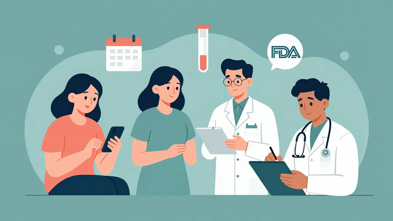 Diverse patients engaging with drug safety information through alerts, pharmacist, and notes.