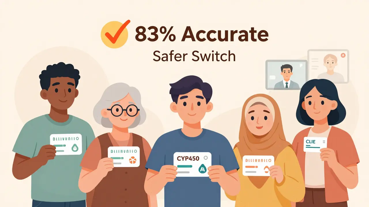 Diverse people holding personalized med cards with genetic and AI icons, symbolizing safer medication switches.