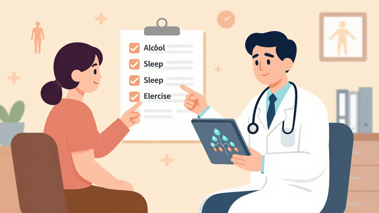 Doctor and patient discussing health habits with a digital family tree on screen