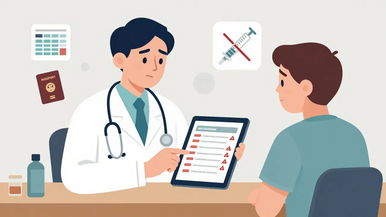 Doctor reviewing foreign prescriptions on a tablet with red warning icons